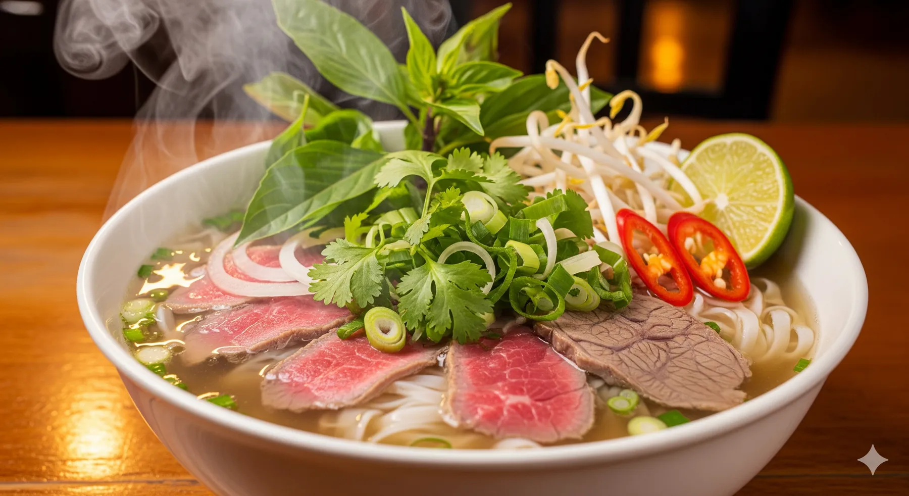 Un bol fumant de pho vietnamien traditionnel avec des herbes fraîches.