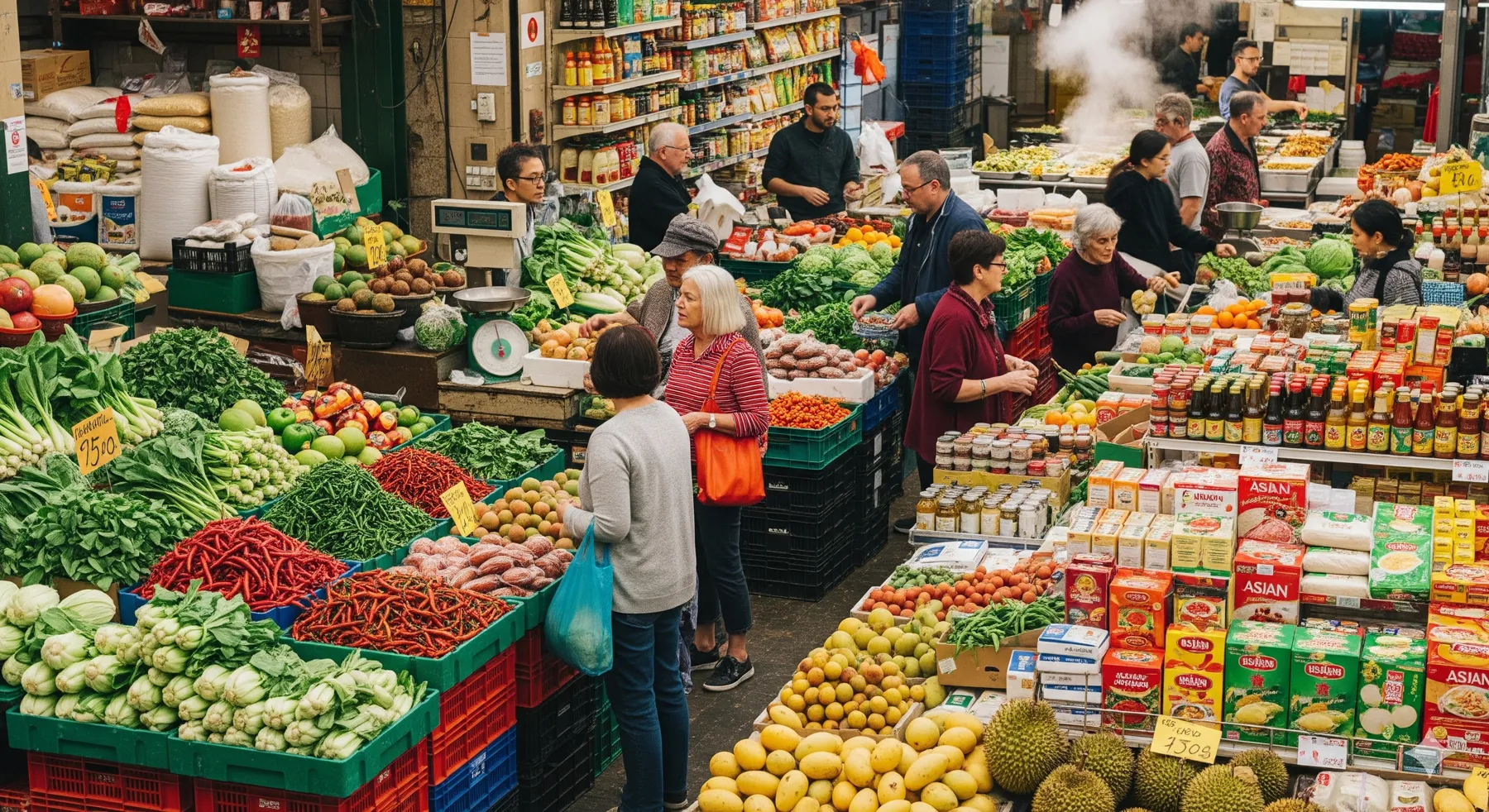 Un marché d'épicerie asiatique vibrant avec des produits frais et des épices.