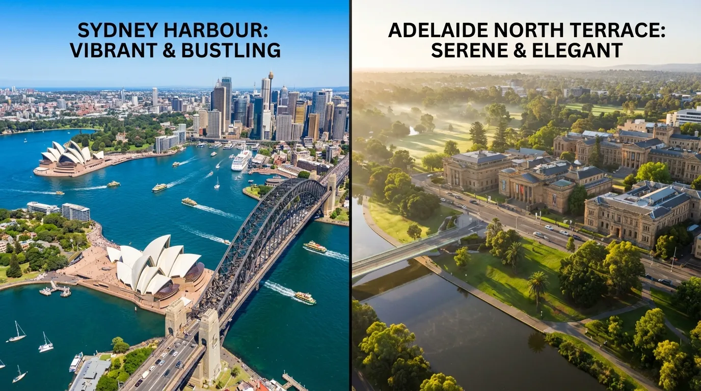 Image : Image de comparaison côte à côte. À gauche, une vue aérienne vibrante et animée de l'Opéra de Sydney et du Harbour Bridge sous un soleil éclatant. À droite, une vue aérienne sereine et élégante de North Terrace à Adélaïde et ses terres parks environnantes, avec des bâtiments historiques et des espaces verts, sous une douce lumière matinale.