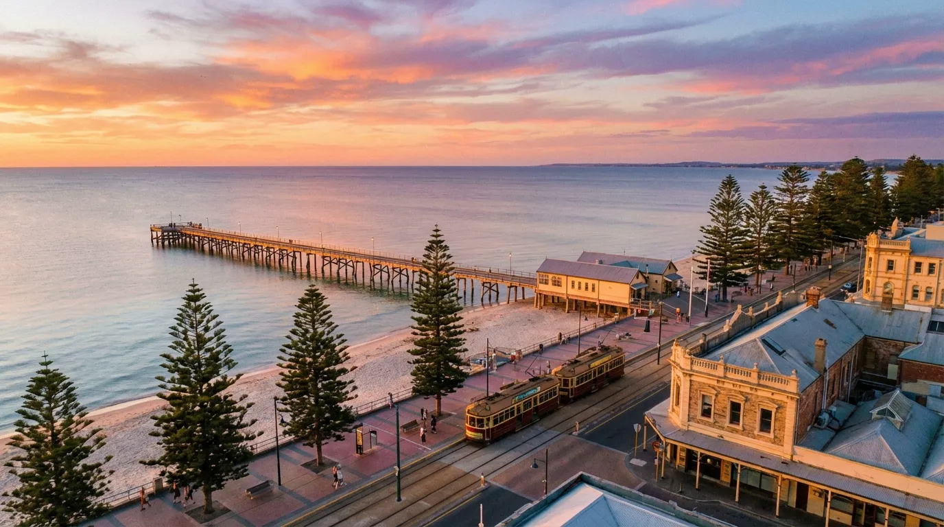 Image : Vue aérienne sereine de la plage de Glenelg au coucher du soleil, avec l'emblématique jetée de Glenelg s'étendant dans l'océan calme, et la ligne de tramway historique visible le long du front de mer vibrant.