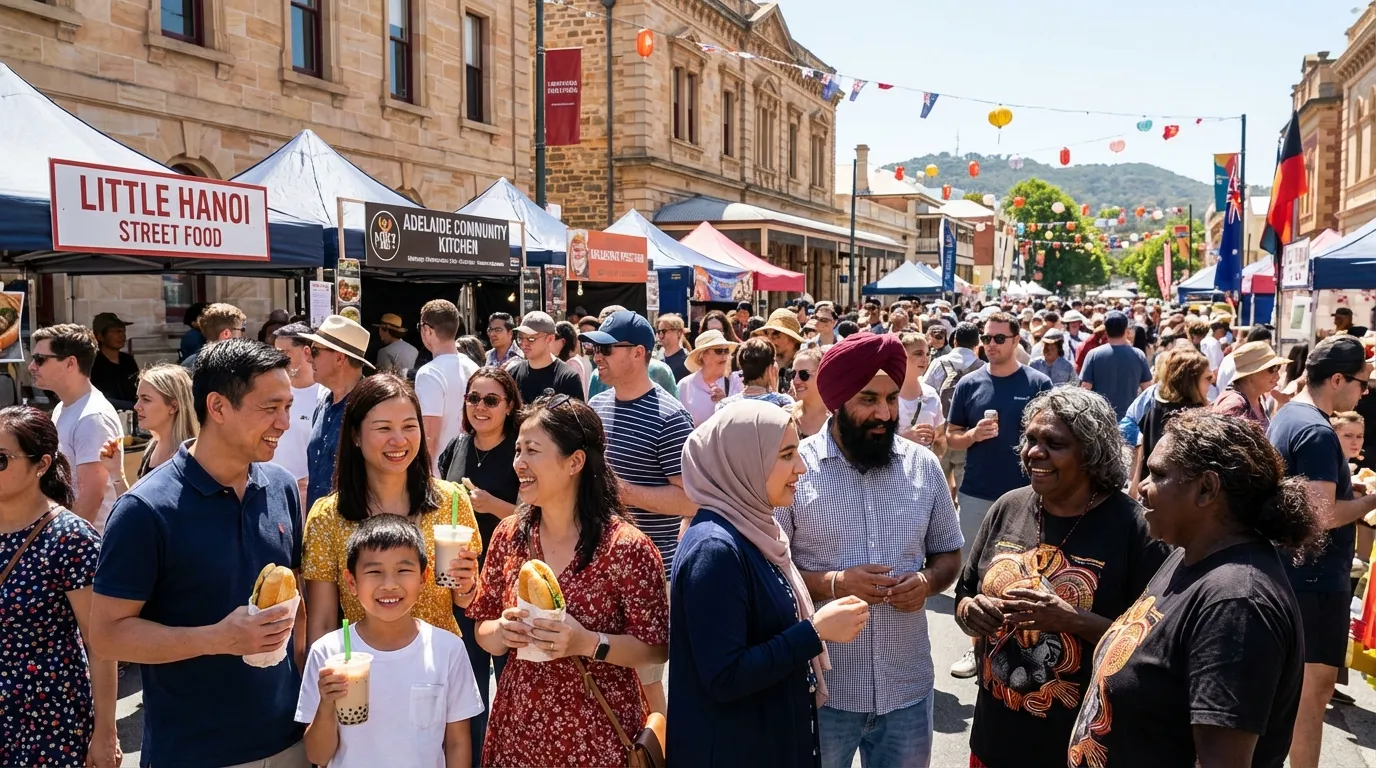 Image : Un groupe vibrant et diversifié de personnes de diverses origines culturelles, y compris des Vietnamio-Australiens, profitant d'une journée ensoleillée lors d'un festival de rue à Adélaïde, avec des bâtiments historiques en arrière-plan et des stands de nourriture, reflétant la connexion culturelle et la communauté.