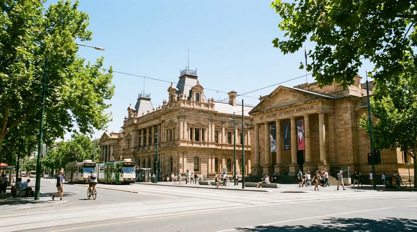 Image : Un plan large d'Adélaïde sur North Terrace, présentant la grandeur architecturale de la bibliothèque d'État d'Australie-Méridionale et de la galerie d'art sous un ciel bleu dégagé, avec des gens se promenant le long du boulevard bordé d'arbres.