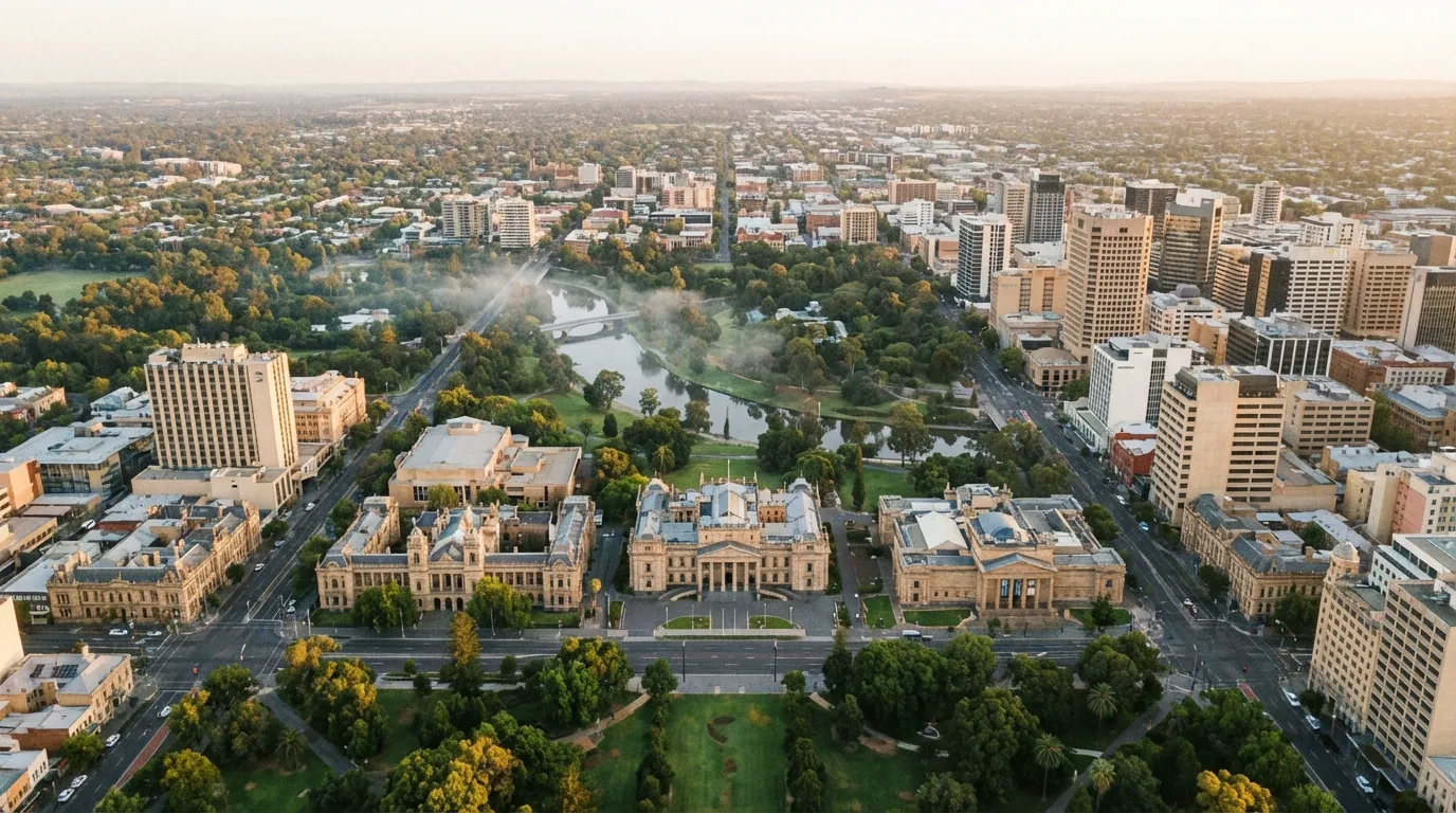 Image: A wide, aerial shot of Adelaide