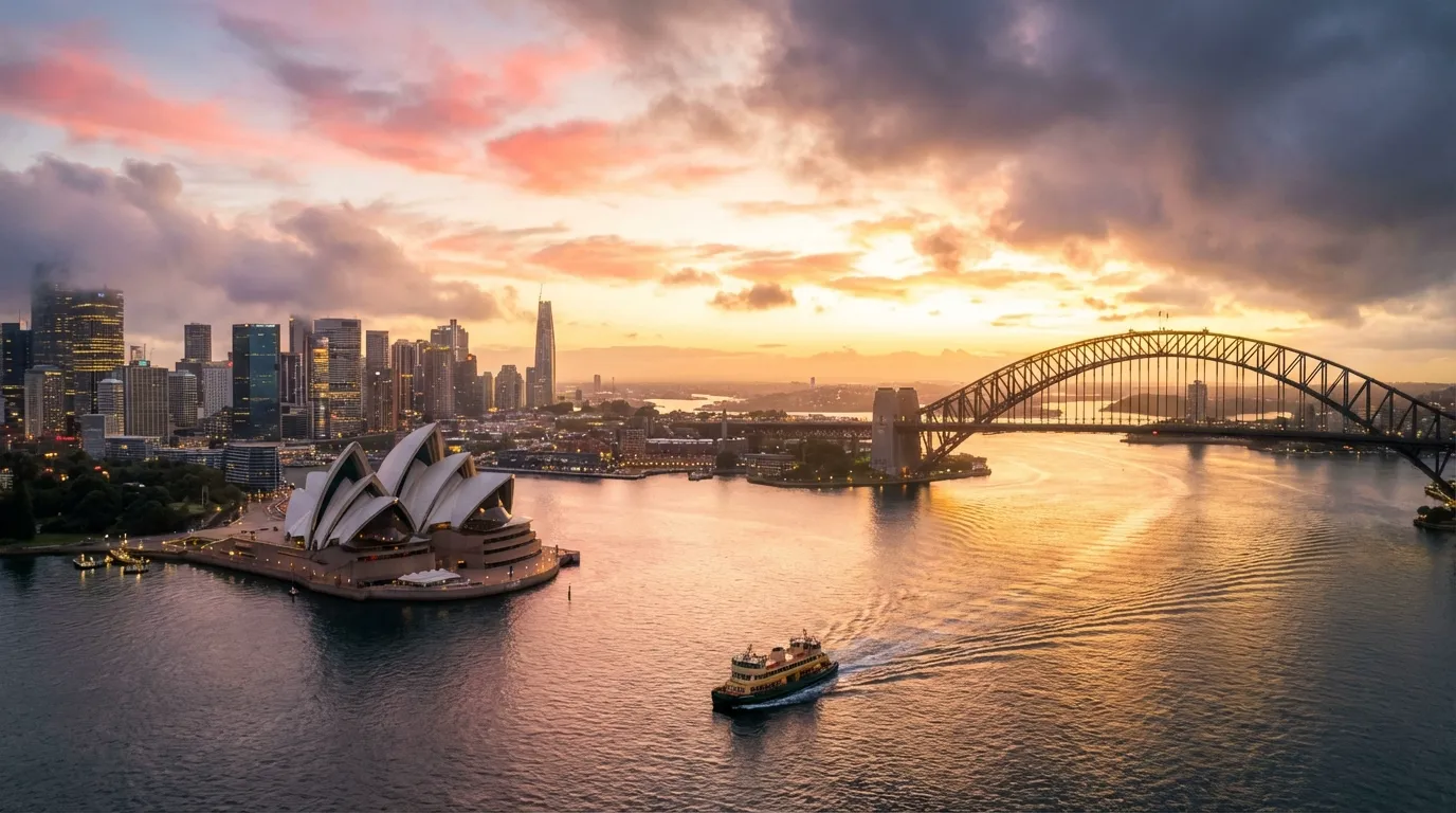 Image: Une prise de vue aérienne spectaculaire de l'Opéra de Sydney et du Harbour Bridge au lever du soleil, avec un ferry traversant l'eau et la silhouette de la ville commençant à s'illuminer.