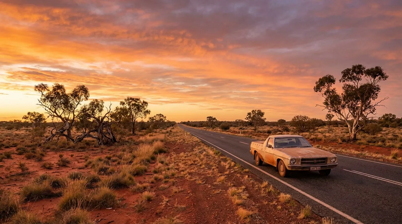 Image: Une scène classique de road trip australien : une voiture seule roulant sur une longue autoroute rectiligne à travers des paysages divers, peut-être avec une terre rouge, des eucalyptus clairsemés et un vaste ciel bleu strié de nuages à l'heure dorée.