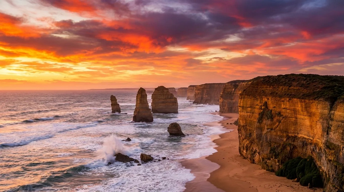 Image: Les formations rocheuses emblématiques des Douze Apôtres le long de la Great Ocean Road au coucher du soleil, avec des vagues puissantes s'écrasant contre les falaises et un ciel coloré et spectaculaire.