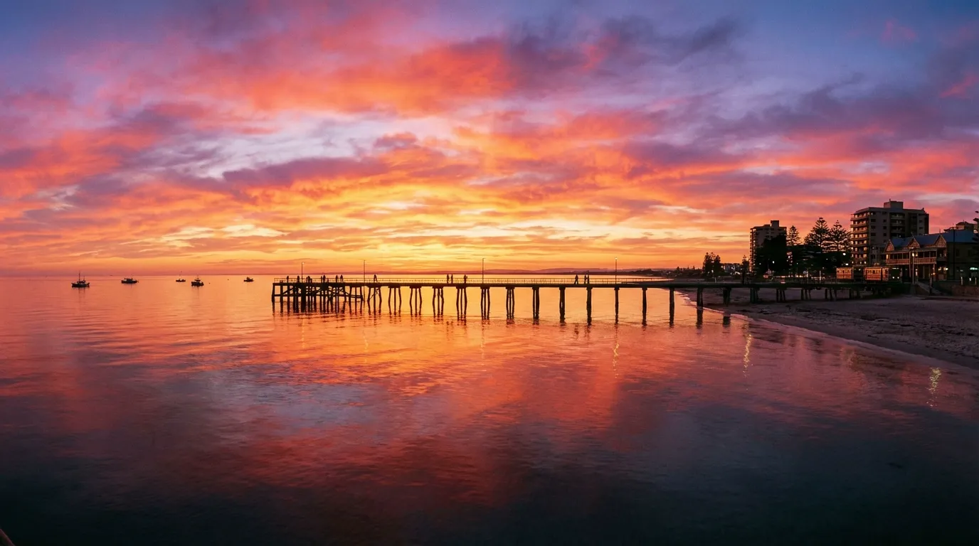 Image: Un plan large époustouflant de la jetée de Glenelg au coucher du soleil, avec le ciel embrasé d'oranges, de roses et de violets se reflétant sur l'océan calme. Des silhouettes se promènent le long de la jetée et quelques petits bateaux de pêche sont visibles au loin.