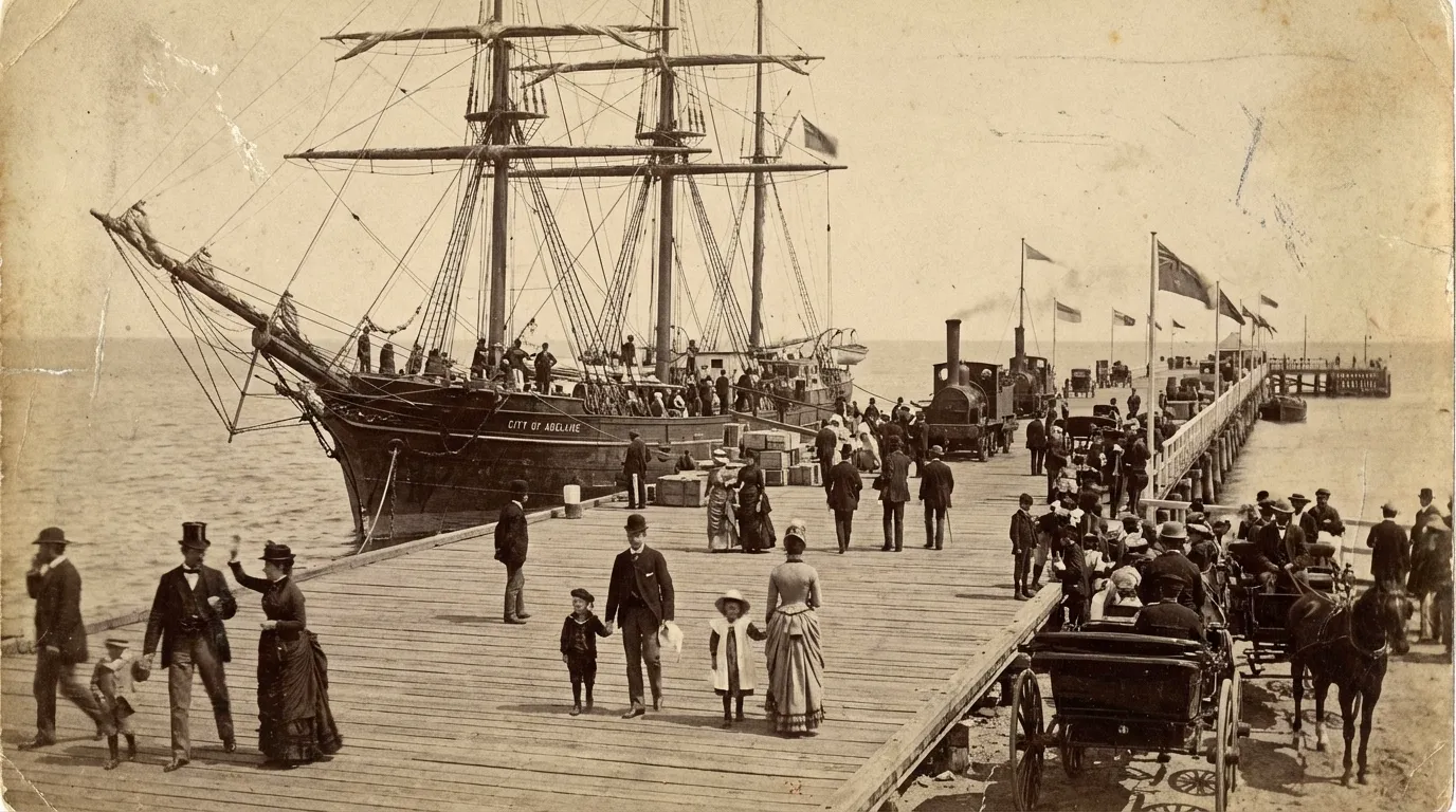 Image: Une photographie aux tons sépia de la jetée historique de Glenelg à la fin du XIXe siècle, avec un navire à grands mâts amarré à proximité et des personnes de l'époque victorienne se promenant sur les planches de bois, capturant un sentiment d'arrivée et d'importance historique.