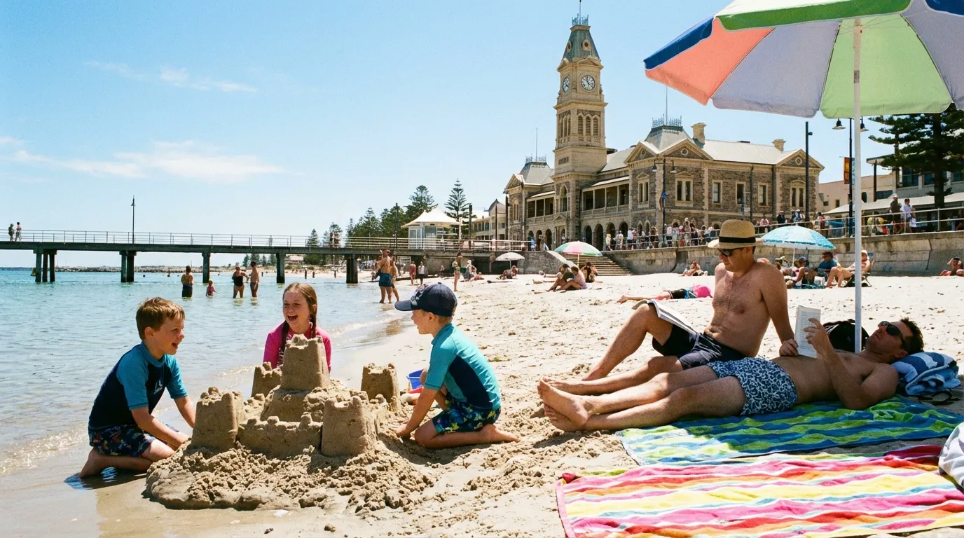 Image: Une scène familiale animée sur la plage de Glenelg pendant la journée, avec des enfants construisant des châteaux de sable près de l'eau calme, des parents se relaxant sur des serviettes et l'historique hôtel de ville de Glenelg (Bay Discovery Centre) visible à l'arrière-plan.