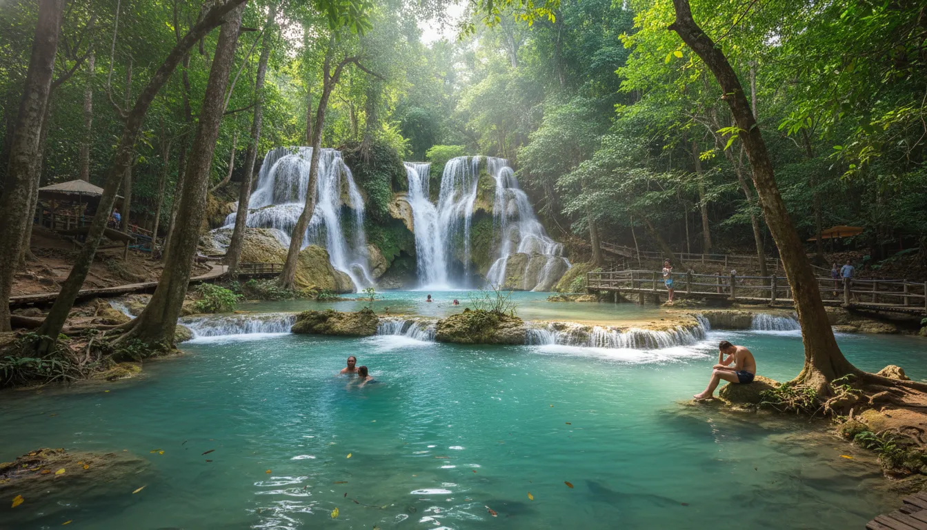 图片：琅勃拉邦多级光西瀑布的全景图，展示了晶莹的蒂芙尼蓝水池在繁茂的绿色丛林中级级而下。阳光透过树叶洒下，突出了水的清澈。少数人在水池中游泳或休憩。