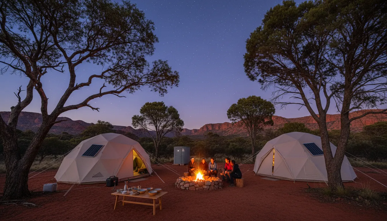 Image : Un camping durable magnifiquement installé au crépuscule dans les monts Flinders. Un petit feu de camp contenu brille doucement dans un foyer désigné, entouré de tentes robustes. Le ciel au-dessus commence à montrer des étoiles, et des arbres australiens indigènes encadrent la scène.