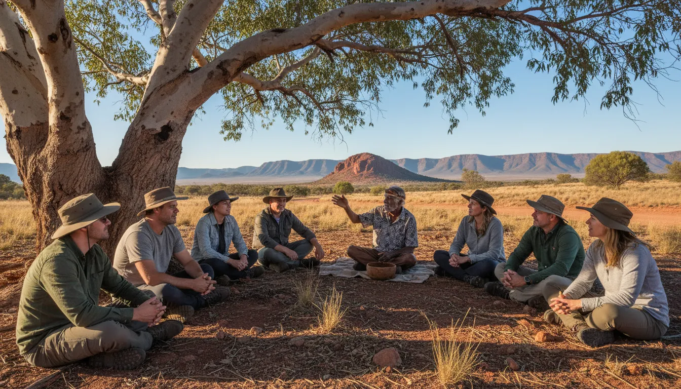 Image : Un groupe de voyageurs écoutant respectueusement un ancien aborigène partager des histoires sur la terre à l'ombre d'un ancien eucalyptus dans les monts Flinders. L'ancien pointe vers un affleurement rocheux lointain, le groupe affichant des expressions engagées.