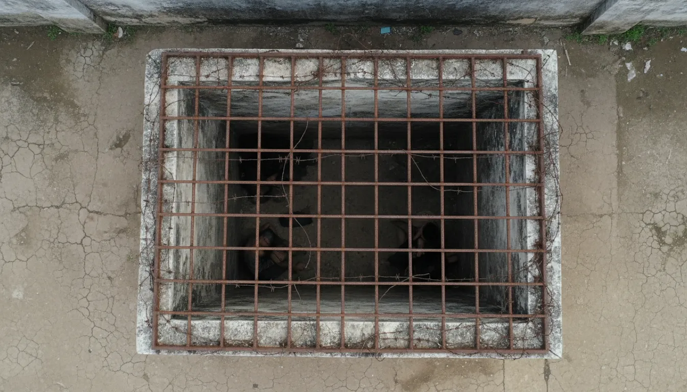 Image: An overhead shot looking down into one of the "Tiger Cages" at Con Dao Prison. The image clearly shows the small concrete pit, rusty iron bars, and barbed wire mesh covering, emphasizing the cramped and inhumane conditions. The lighting is stark and dramatic.