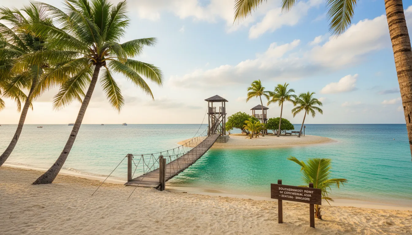 Image: Une vue du point le plus au sud de l'Asie continentale sur l'île de Sentosa, Singapour. Un pittoresque pont suspendu en bois mène à un petit îlot avec deux tours d'observation en bois. L'océan est calme et turquoise, et des palmiers bordent la plage de sable. Un petit panneau indique l'importance géographique.