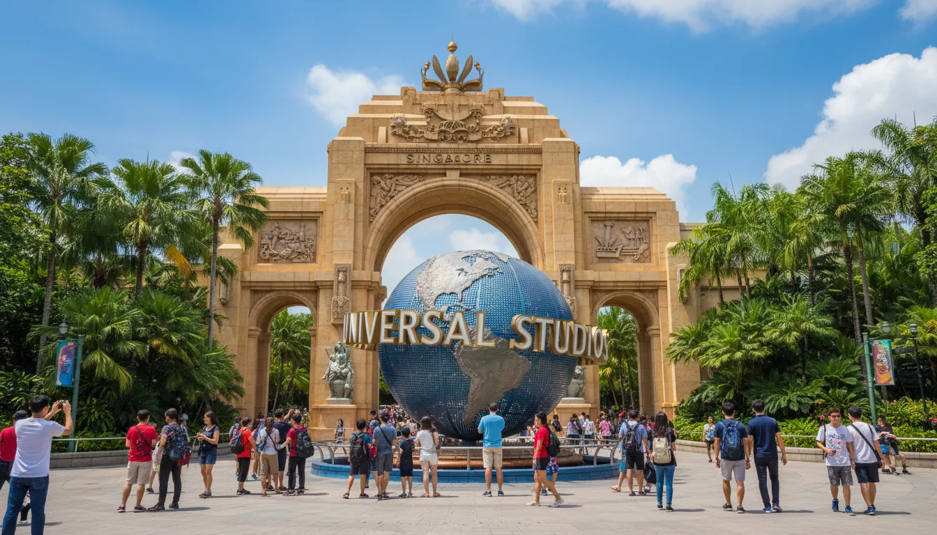 Image: L'emblématique globe d'entrée d'Universal Studios Singapour, tournant gracieusement devant une grande arche. Le ciel est d'un bleu vibrant et des foules diversifiées de personnes se promènent, certaines avec des appareils photo. Des arbres tropicaux luxuriants bordent l'arrière-plan.