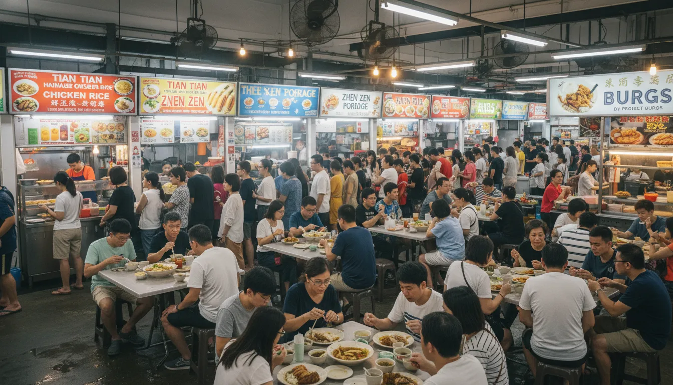 Image: A bustling wide shot of Maxwell Food Centre during lunchtime, showing diverse crowds queuing at stalls, people sharing communal tables, and a vibrant array of food stalls with their colorful signages. Focus on the lively atmosphere and the variety of people.