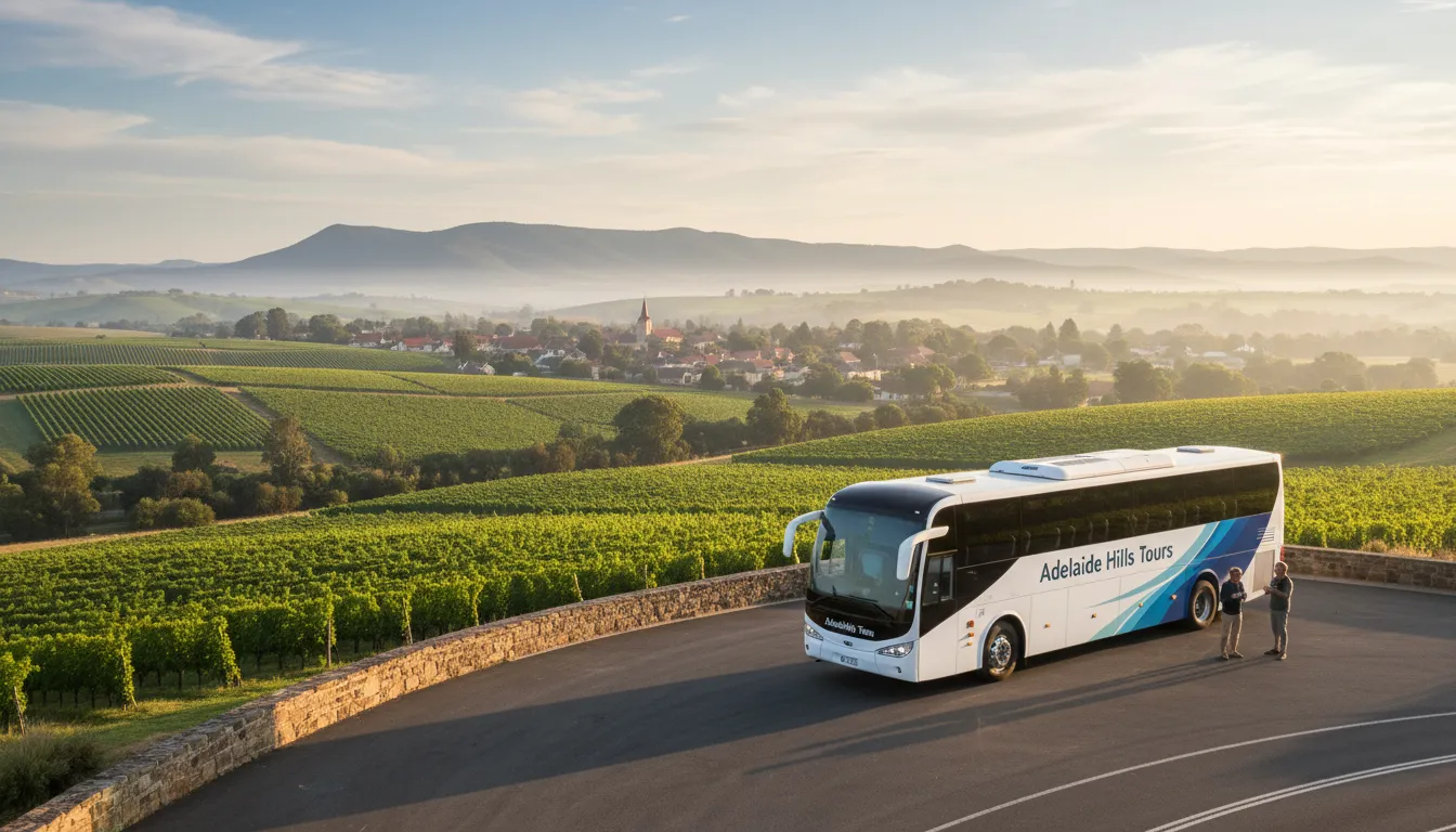 Image : Un bus touristique moderne garé sur un point de vue panoramique dans les collines d'Adélaïde, avec des vignobles vallonnés et la silhouette lointaine du village de Hahndorf visible en contrebas, sous une douce lumière matinale.