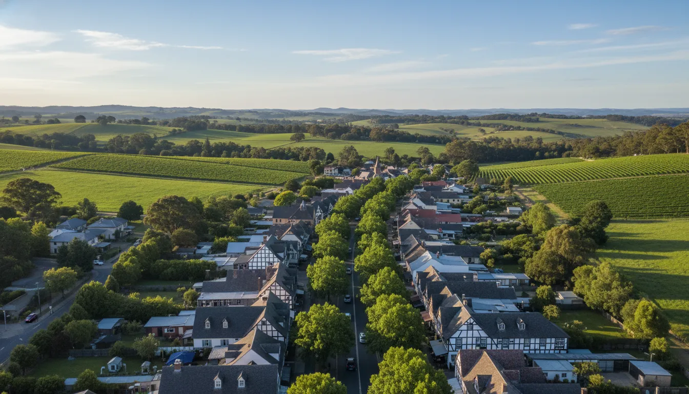 Image : Une vue aérienne charmante du village de Hahndorf niché dans les collines verdoyantes des collines d'Adélaïde, mettant en valeur son architecture distinctive de style allemand, ses vignobles luxuriants et la rue principale sinueuse.