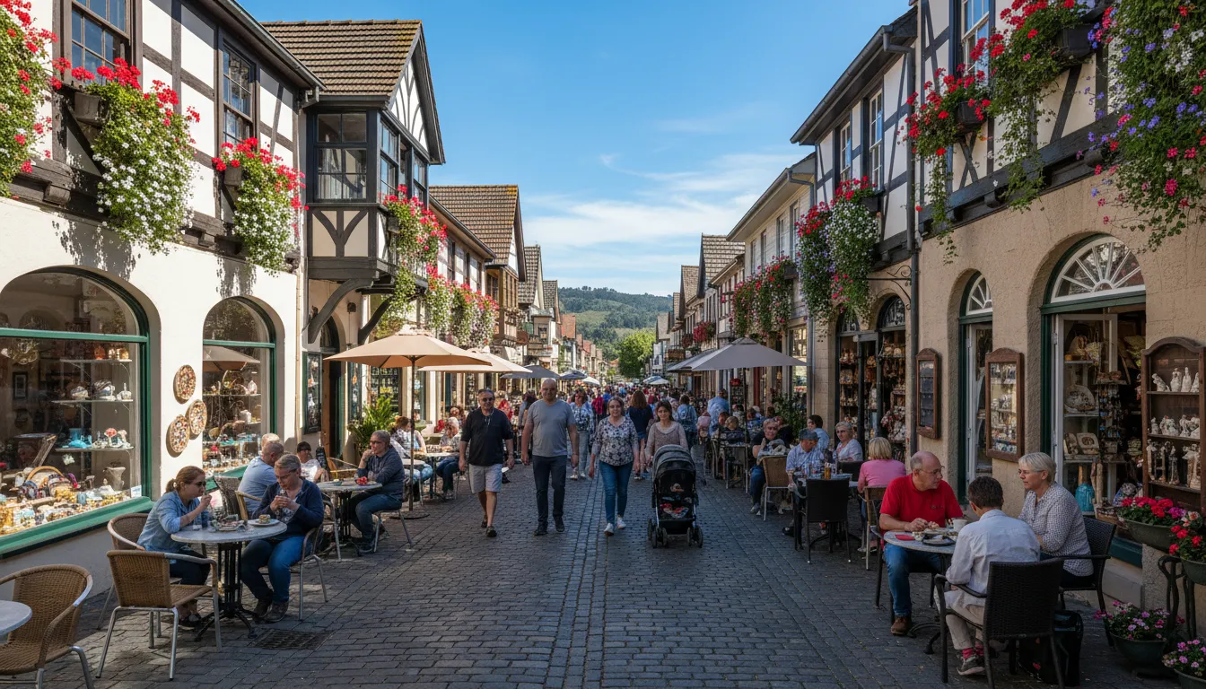 Image : Une rue principale animée à Hahndorf, en Australie-Méridionale, avec plusieurs bâtiments historiques de style allemand présentant des façades à colombages et des jardinières fleuries. Les gens se promènent, profitent des cafés en plein air et parcourent les boutiques d'artisans sous un ciel bleu clair.