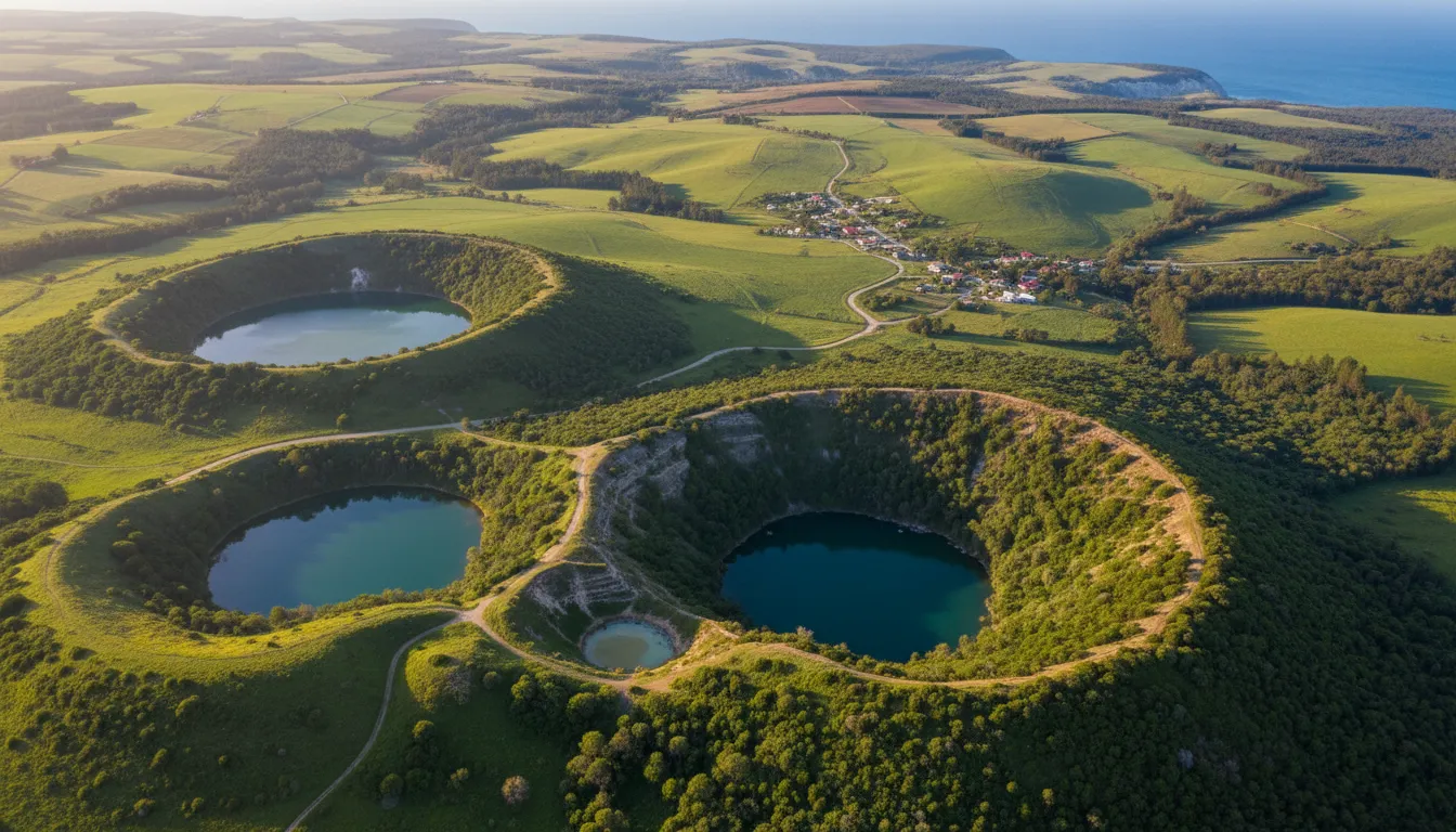 Image: Une vue aérienne montrant le paysage volcanique verdoyant de la Limestone Coast, avec plusieurs lacs de cratère et dolines distincts visibles, baignés par la lumière chaude de l'après-midi.