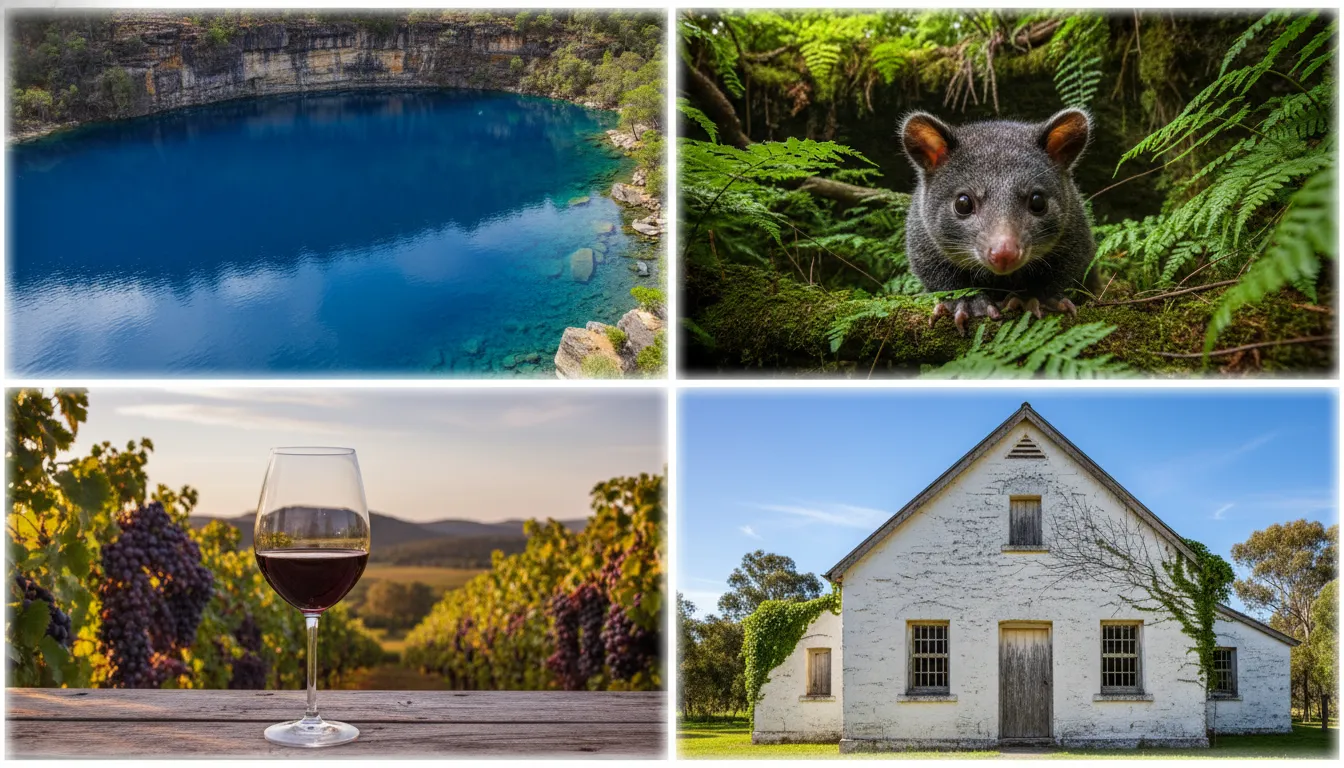 Image: Un montage vibrant de diverses scènes de la Limestone Coast : un gros plan de l'eau bleu intense du Blue Lake, la tête d'un possum dépassant du feuillage dans la doline, un verre de vin rouge dans un vignoble et un bâtiment historique à Robe.