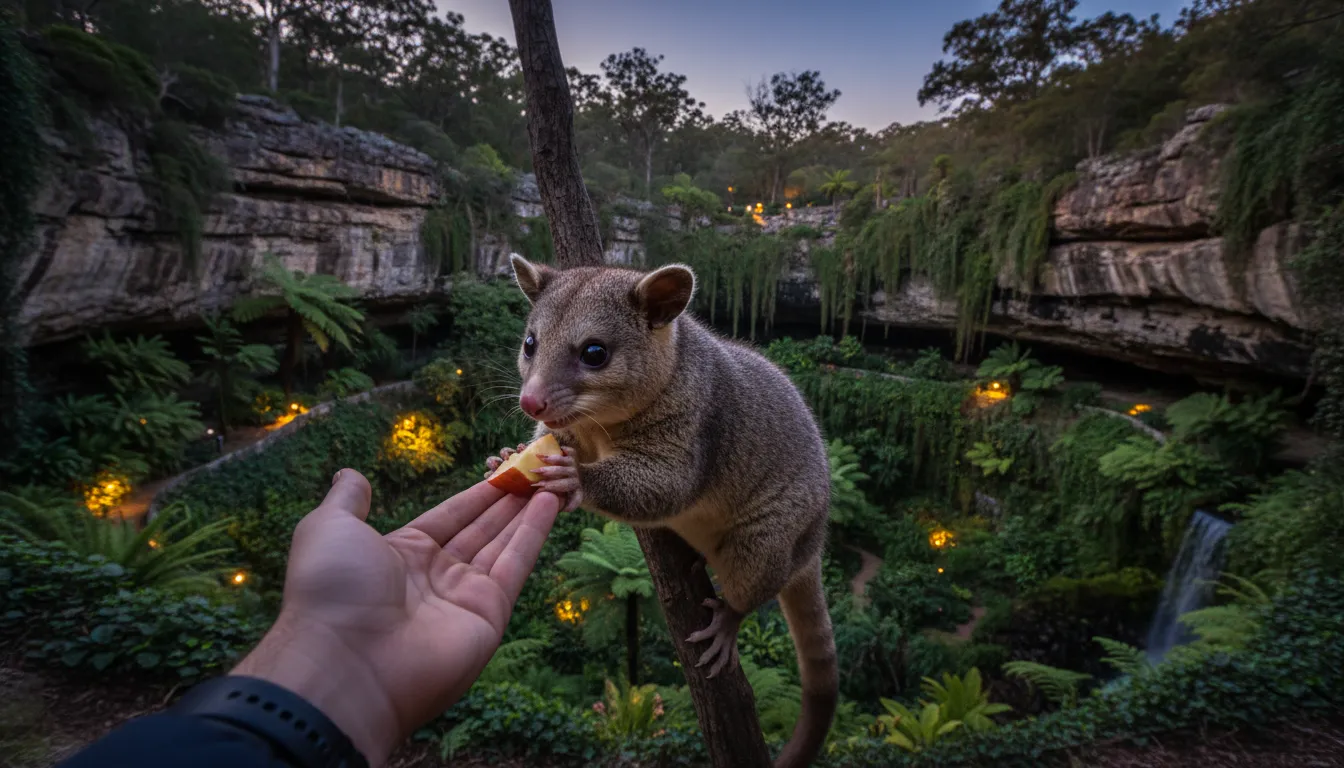 Image: Un possum à queue brosse curieux prenant gentiment un morceau de pomme dans une main humaine, avec les jardins en terrasses luxuriants et faiblement éclairés de la doline d'Umpherston en arrière-plan au crépuscule.