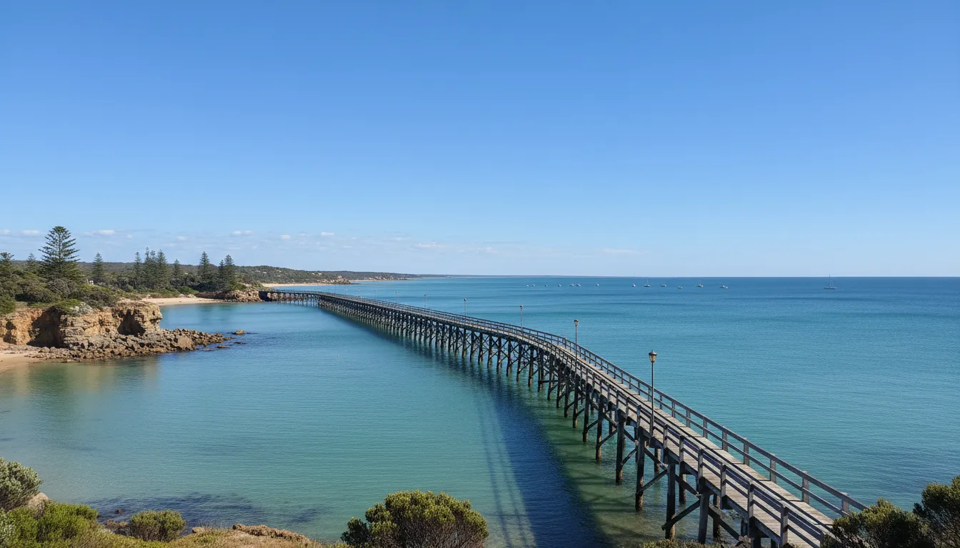 Image: Un cliché panoramique de la jetée historique de Beachport s'étendant dans des eaux turquoise calmes sous un ciel bleu clair, avec le littoral sauvage et quelques bateaux de pêche au loin.