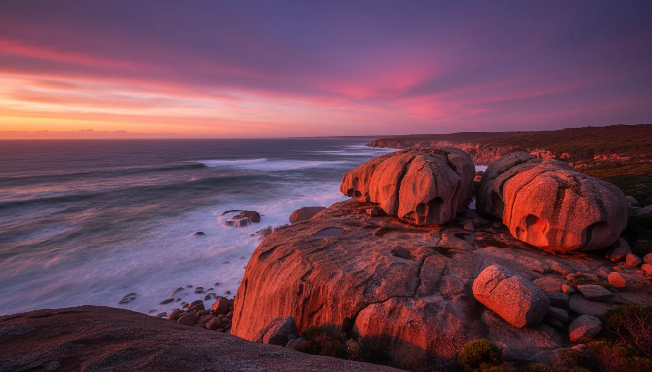 Image : Un plan large à couper le souffle de Remarkable Rocks au coucher du soleil, avec les blocs de granit colossaux brillant d'un orange ardent sur un ciel spectaculaire de pourpres et de roses, et le vaste océan Austral turbulent s'étendant jusqu'à l'horizon.