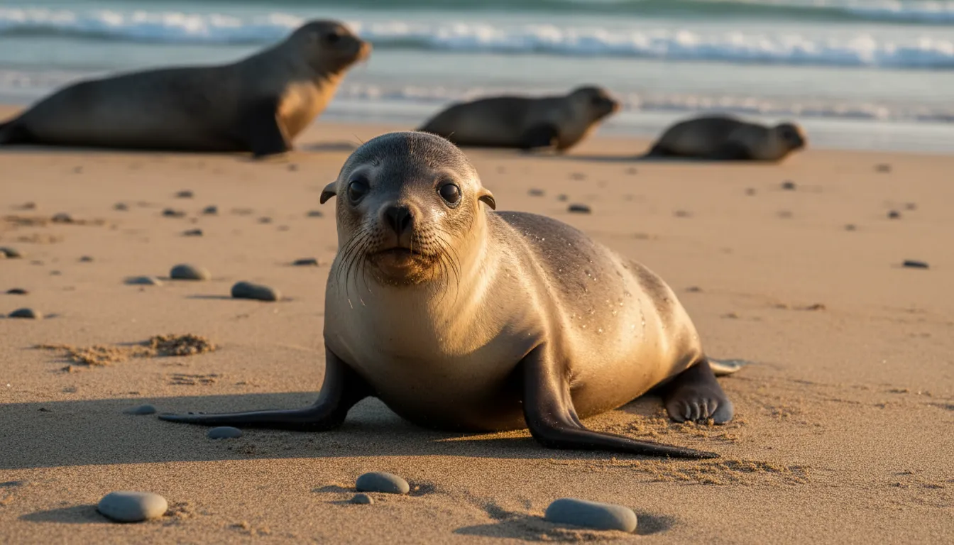 Image : Gros plan respectueux d'un bébé otarie australienne à la fourrure douce et mouillée, regardant curieusement l'appareil photo alors qu'il se repose sur le sable au parc de conservation de Seal Bay, avec d'autres otaries visibles à l'arrière-plan.
