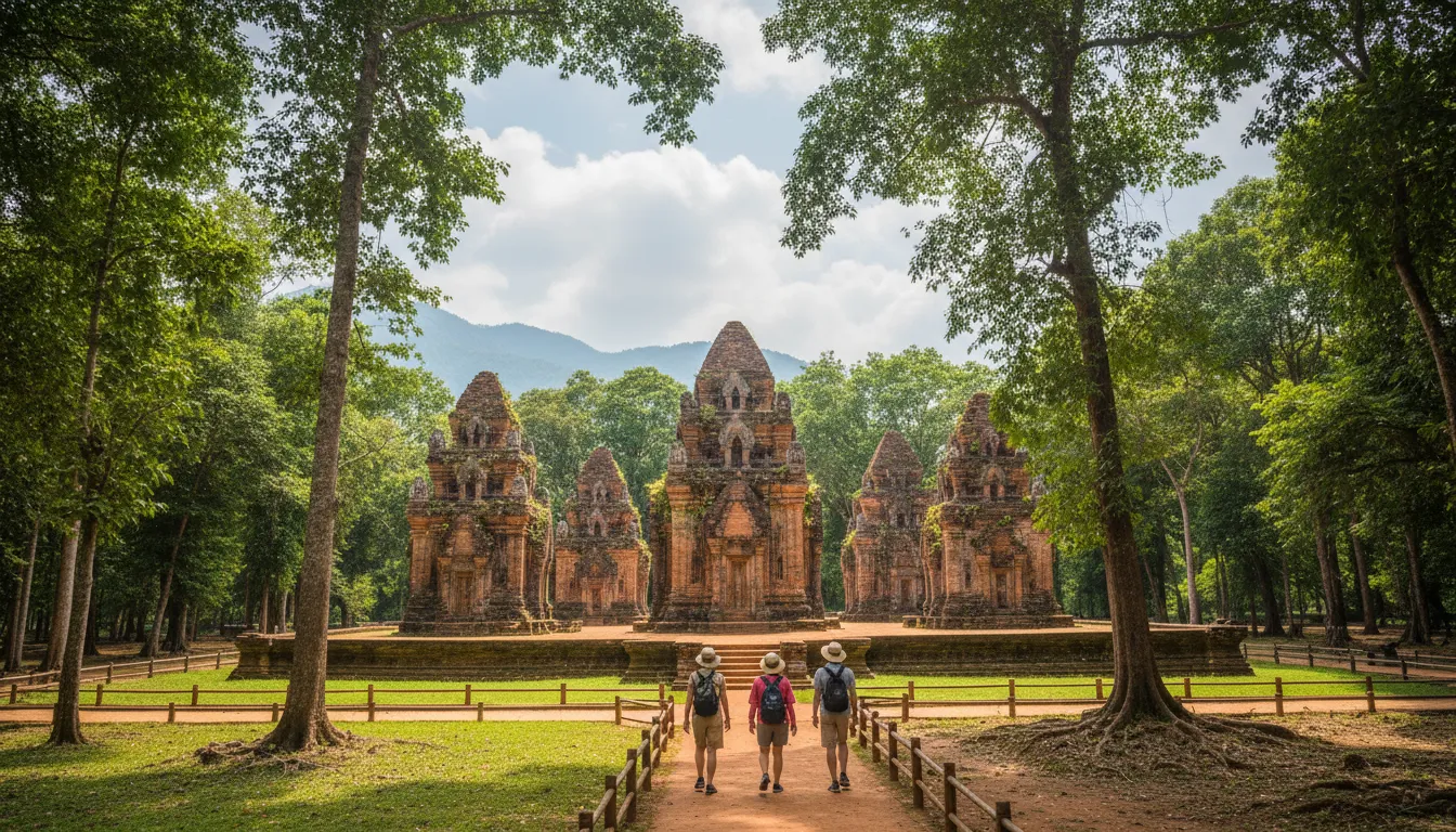 Image: Un plan large de l'ancien sanctuaire de Mỹ Sơn, avec plusieurs tours Cham érodées se dressant au milieu d'une jungle verdoyante. Quelques touristes respectueux marchent le long d'un sentier désigné au premier plan.