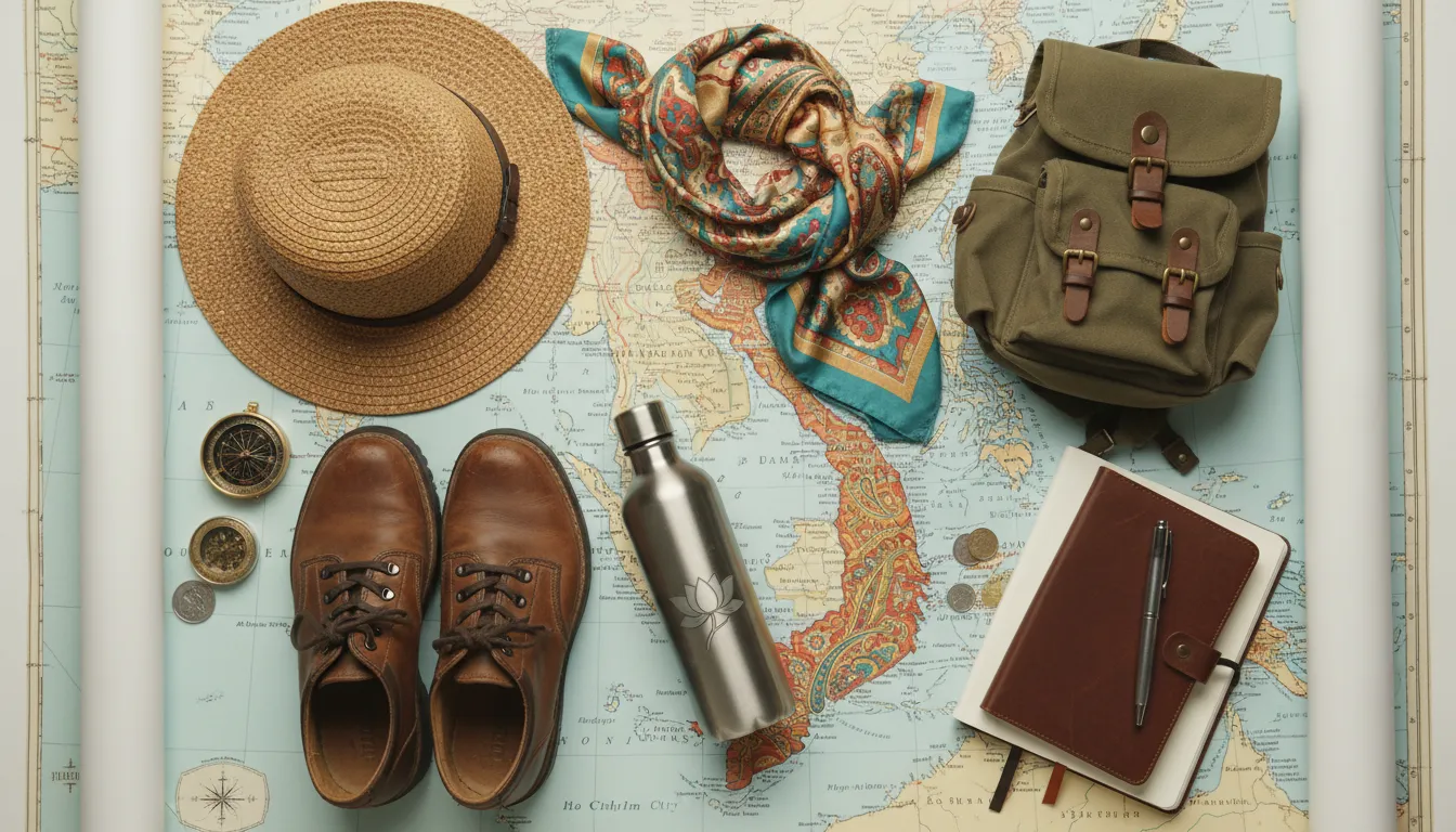 Image: Une vue à plat des articles de voyage essentiels pour un voyage d'exploration culturelle : un foulard léger, un chapeau à larges bords, des chaussures de marche robustes, une bouteille d'eau réutilisable, un journal de voyage et un petit sac à dos, le tout disposé sur une carte du Sud Vietnam.