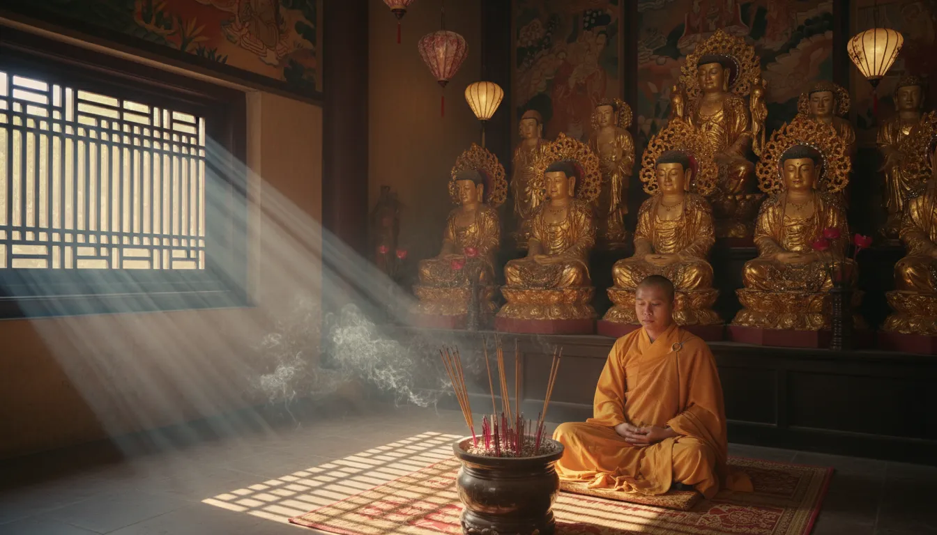 Image: Intérieur d'une ancienne pagode vietnamienne, avec des statues dorées ornementées, de l'encens brûlant et un moine en robes safran méditant tranquillement. La lumière du soleil traverse une fenêtre en bois sculpté.