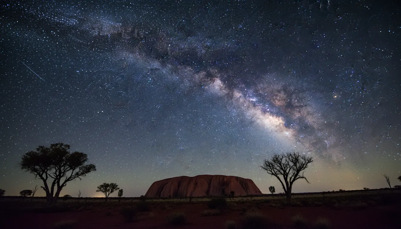 Image: A breathtaking nightscape of the Australian outback, with the Milky Way arching prominently over a silhouetted landscape, possibly featuring a unique rock formation or sparse vegetation. The sky is filled with countless stars, vibrant and clear, hinting at the profound darkness of the location.