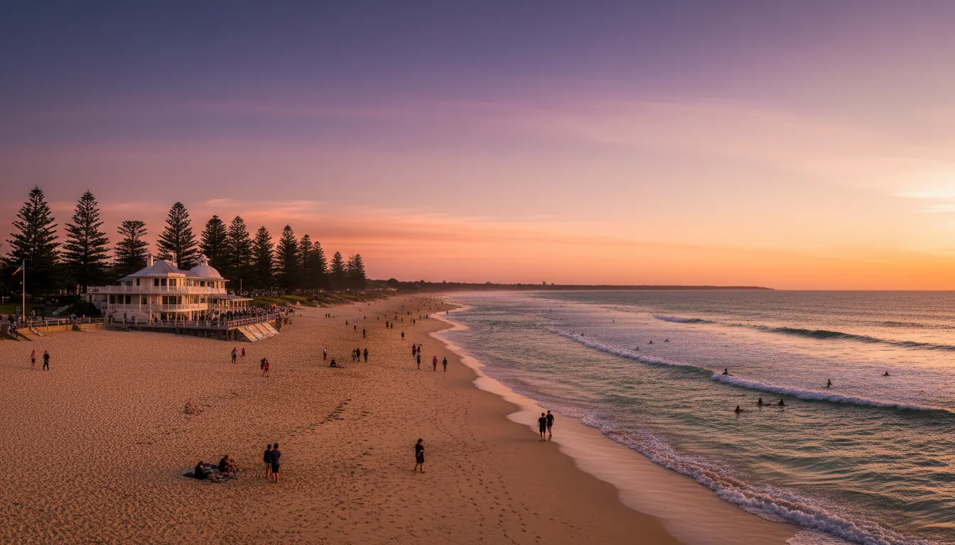 Image: A panoramic view of Cottesloe Beach at sunset, with golden sand, turquoise Indian Ocean waters, and silhouette of Norfolk pine trees. The iconic Indiana Teahouse is visible on the beachfront, with people enjoying the view and a few surfers in the gentle waves. The sky is painted with vibrant orange, pink, and purple hues.