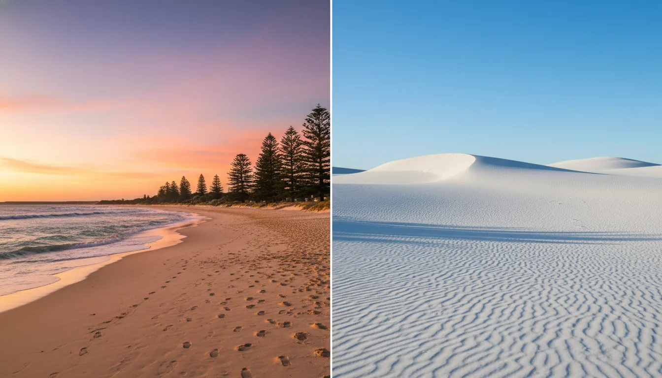 Image: Une image composite ou un diptyque montrant le contraste visuel frappant : d'un côté, un océan turquoise serein avec du sable doré et des pins de Norfolk verts à la plage de Cottesloe lors d'un coucher de soleil vibrant ; de l'autre, un paysage dramatique et ondulé de dunes de sable blanc éclatant sous un ciel bleu clair à Lancelin avec des ombres marquées.