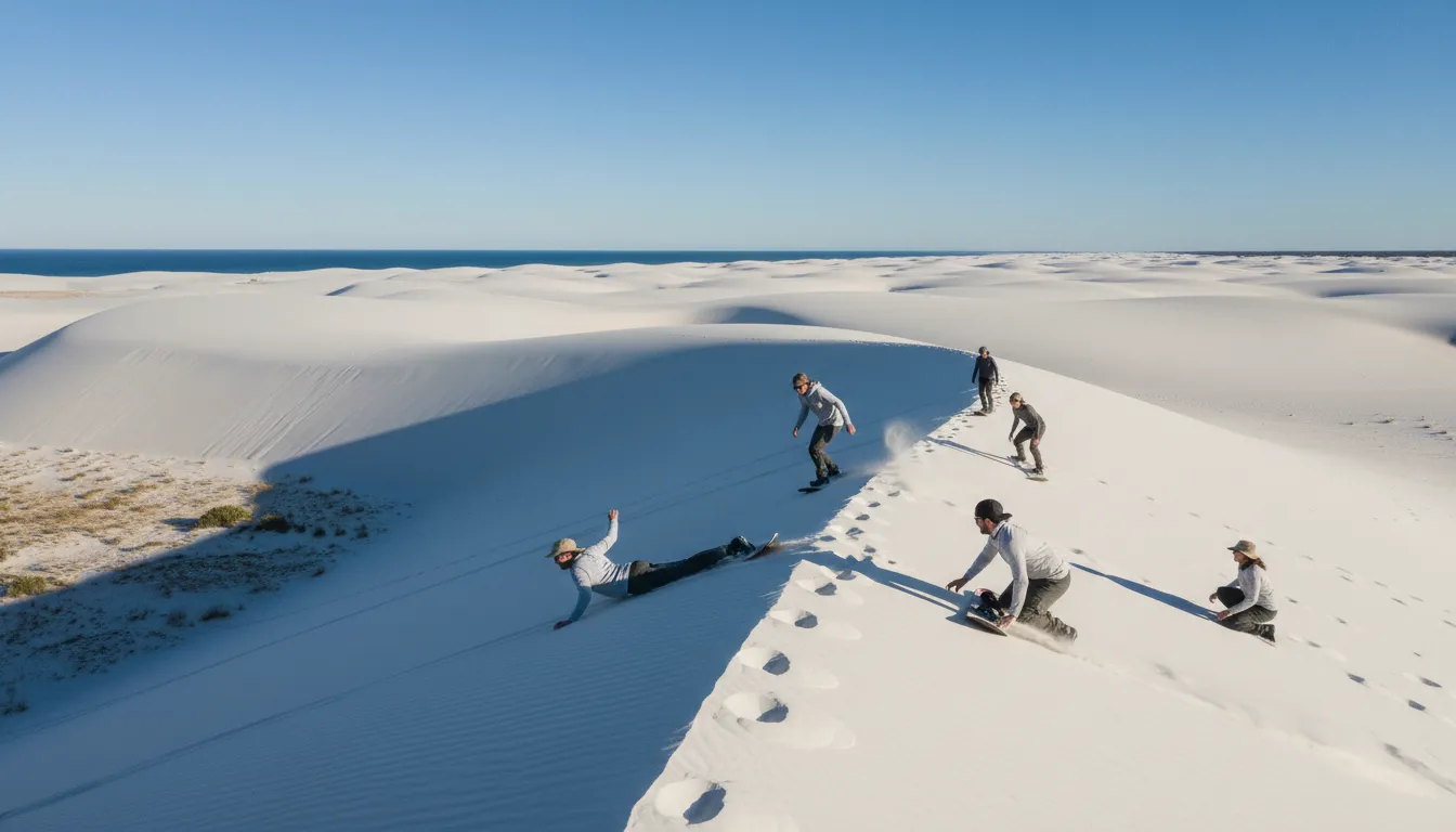 Image: Des voyageurs aventureux faisant du sandboarding sur les dunes massives et immaculées de Lancelin, Australie-Occidentale, sous un ciel bleu azur. Les dunes s'étendent au loin, créant des ombres dramatiques et un sentiment d'immensité, avec un petit groupe de personnes au premier plan.