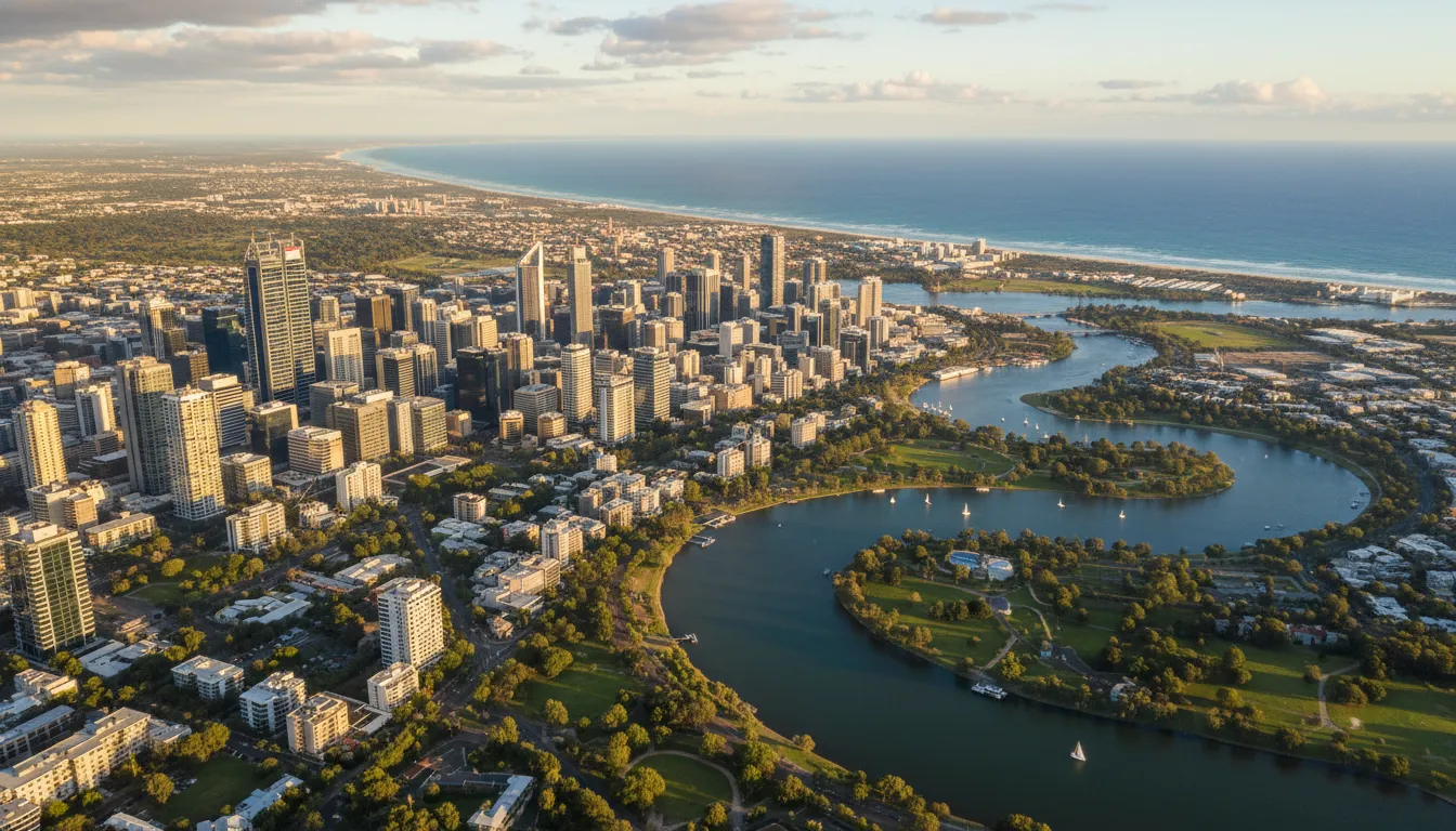 Image: Une vue aérienne vibrante de la ville de Perth, montrant ses gratte-ciel modernes contrastant avec la rivière Swan qui serpente, menant vers l'océan Indien scintillant à l'horizon, symbolisant la connexion de la ville à la fois avec la vie urbaine et la beauté naturelle.
