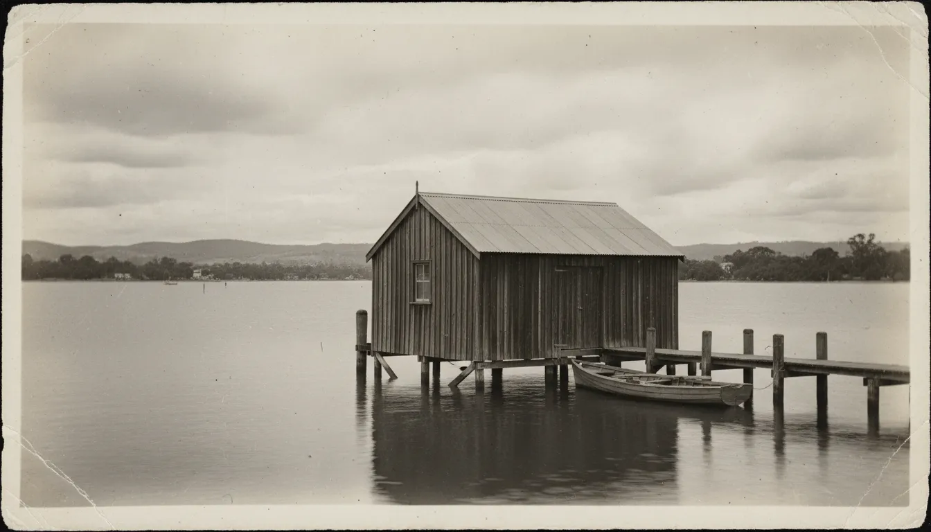 Image: A vintage black and white photograph of the Crawley Edge Boatshed from the 1930s, showing its original wooden structure and a small boat docked, with the Swan River and distant Perth hills in the background.