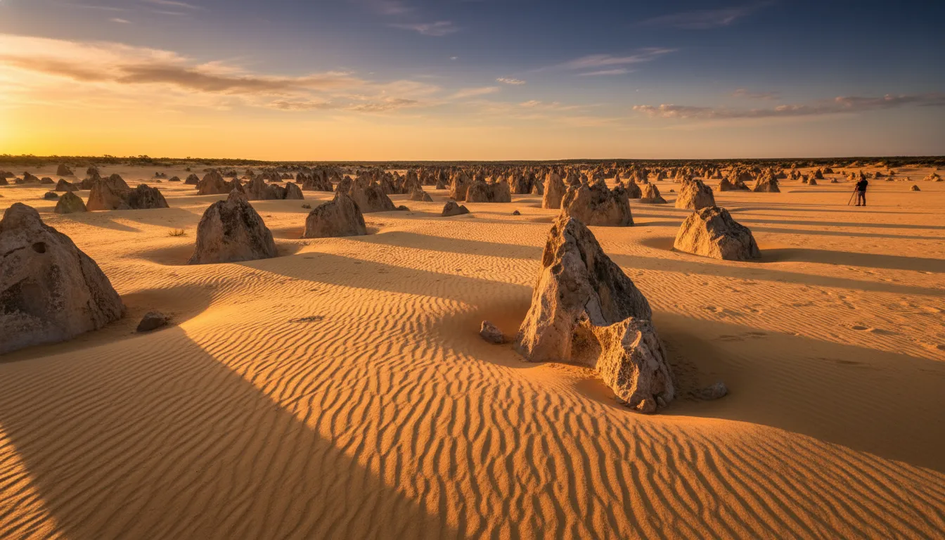 Image: A wide-angle shot of The Pinnacles at golden hour, with long dramatic shadows stretching across the sand. The limestone formations are illuminated with warm, soft light, and the sky is a vibrant mix of orange, yellow, and blue. A distant lone photographer with a tripod is visible, providing a sense of scale.