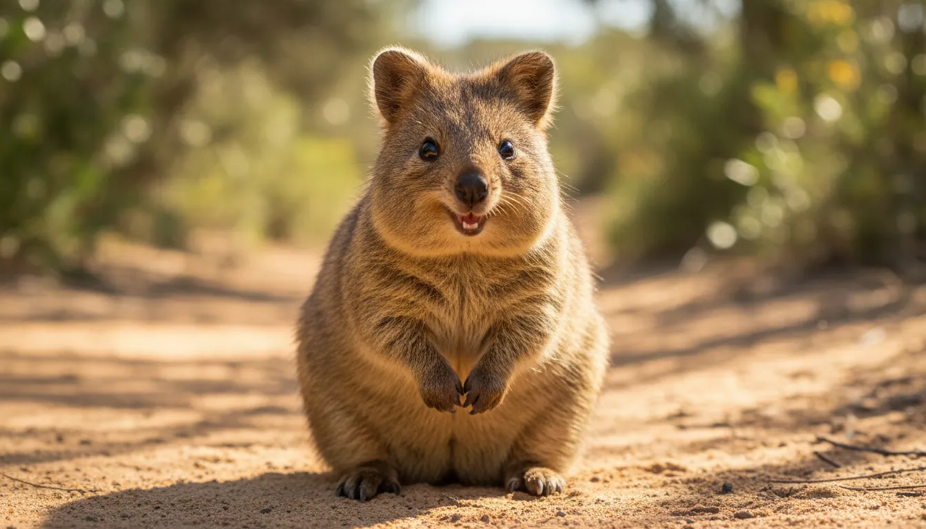 Image: A close-up, eye-level photo of a smiling quokka on Rottnest Island, sitting on a sandy path with lush green native Australian scrub in the soft-focus background. The quokka is looking directly at the camera with its characteristic cheerful expression, bathed in warm, natural sunlight.