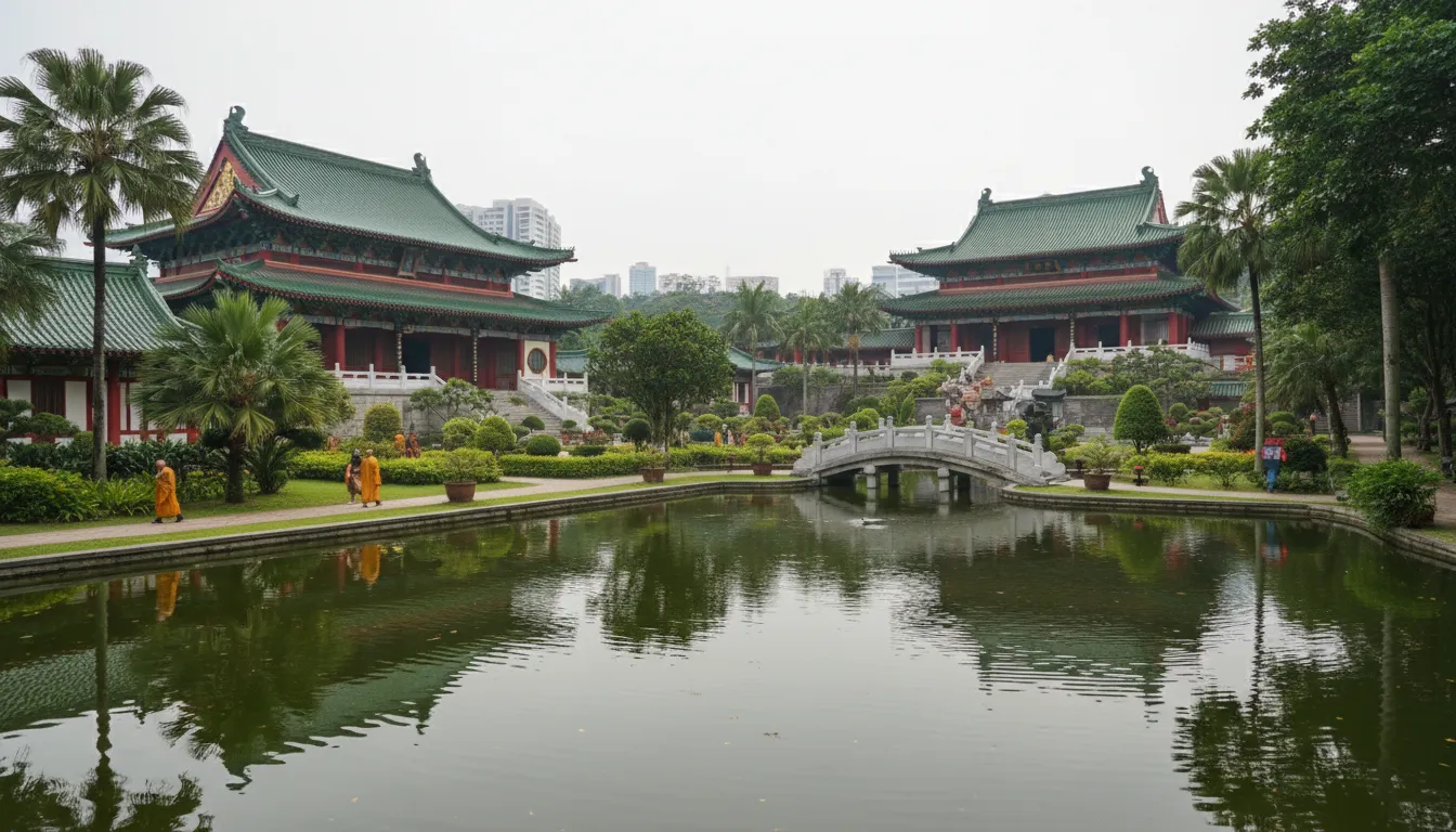 Image : Une vue large sereine du monastère Kong Meng San Phor Kark See à Singapour, montrant ses grandes salles avec des toits chinois traditionnels, des jardins verts luxuriants et un étang tranquille, sous une lumière douce et diffuse, évoquant un sentiment de paix et de contemplation