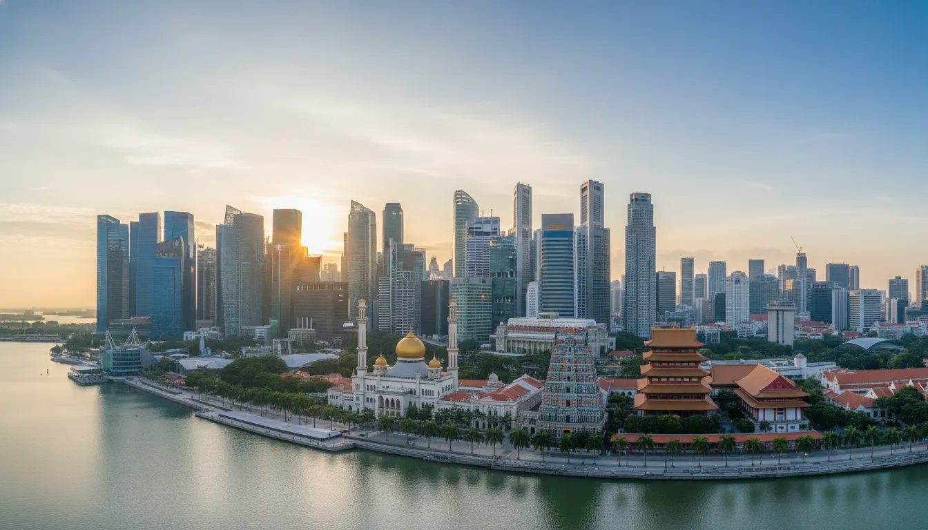 Image : Une vue large montrant la skyline diversifiée de Singapour, avec des gratte-ciel modernes entrecoupés du dôme doré de la mosquée Sultan, du gopuram orné du temple Sri Mariamman et du toit en gradins distinctif du temple de la Relique de la Dent de Bouddha, le tout sous un ciel lumineux, symbolisant l'harmonie religieuse