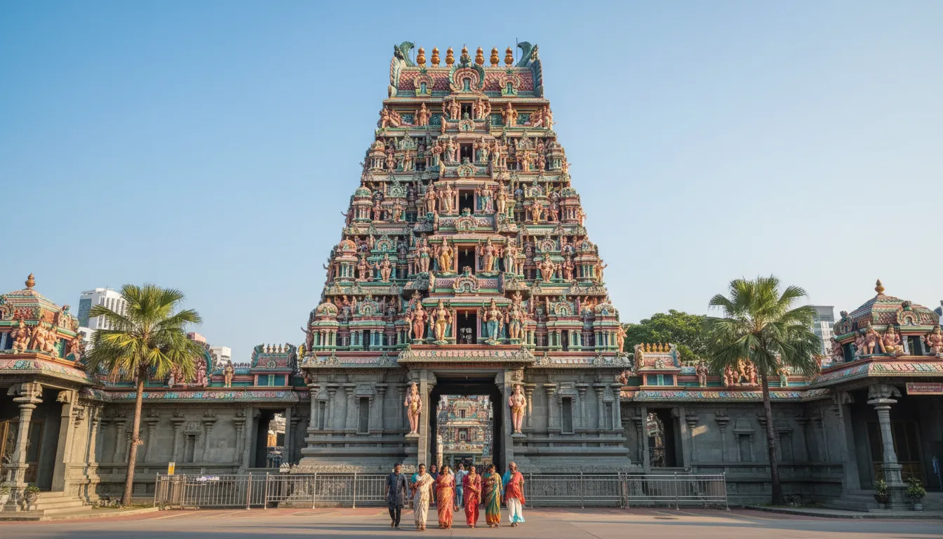 Image : Le gopuram (tour d'entrée) complexe et aux couleurs vives du temple Sri Mariamman à Singapour, grouillant de sculptures de divinités hindoues et de figures mythiques sous un ciel bleu clair, avec quelques dévots visibles au premier plan