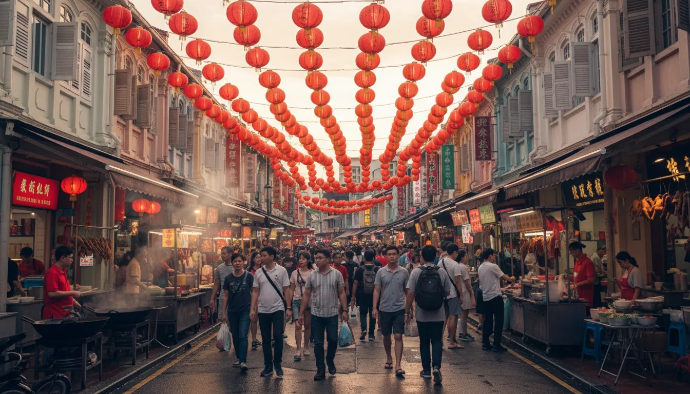 Image: Une scène de rue vibrante à Singapour dans le quartier de Chinatown, animée par la foule, avec des lanternes rouges traditionnelles suspendues à travers des ruelles étroites et des maisons-boutiques historiques. Des stands de nourriture émettent de la vapeur et des arômes alléchants.