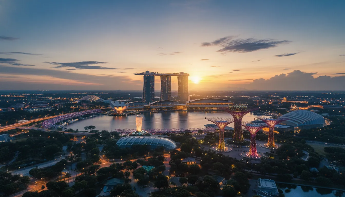 Image: Une belle vue aérienne de Singapour à l'aube, avec les lumières de la ville qui scintillent encore, la statue du Merlion visible sur le front de mer, et les premiers rayons du soleil illuminant le Marina Bay Sands et Gardens by the Bay.