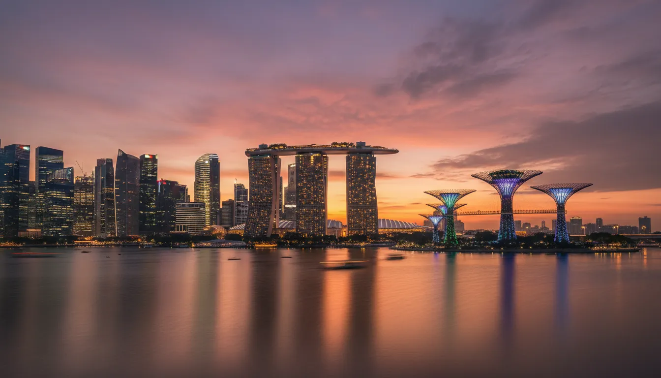 Image: Vue panoramique de la silhouette emblématique de Singapour au crépuscule, présentant le Marina Bay Sands illuminé, le Supertree Grove et le quartier financier scintillant. Le ciel est peint de teintes orange et violettes vibrantes.