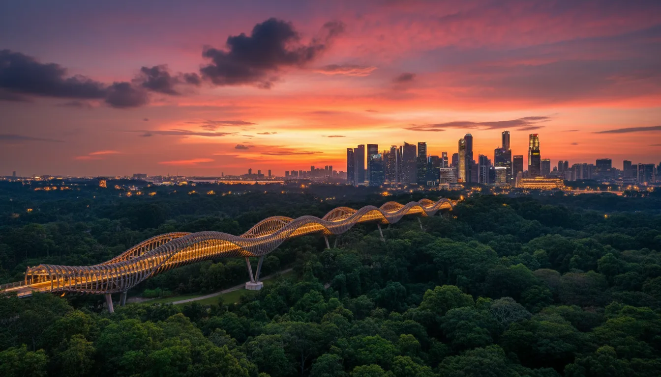 Image: L'emblématique pont Henderson Waves à Singapour, avec sa structure ondulée en bois unique illuminée sur un ciel de coucher de soleil vibrant, surplombant une forêt verdoyante et la silhouette lointaine de la ville.