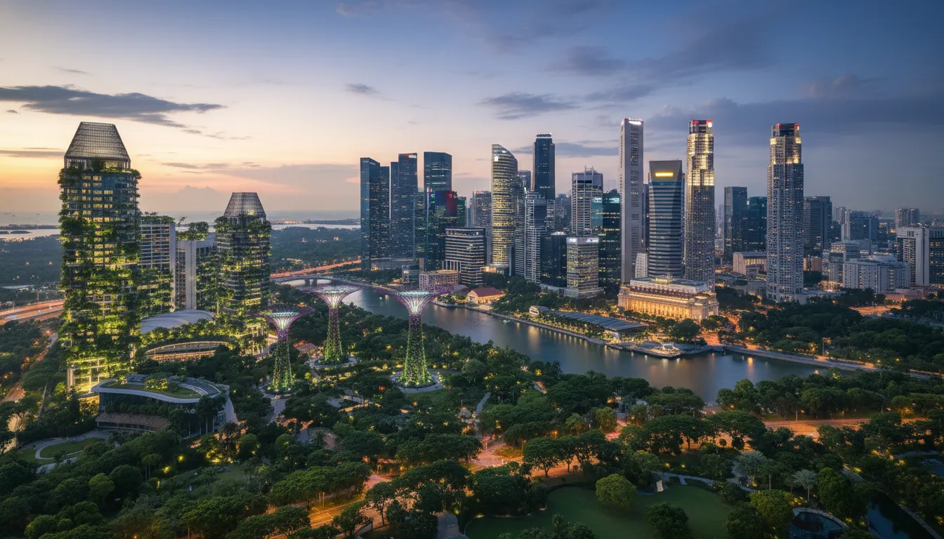 Image: Une vue aérienne époustouflante de Singapour montrant un mélange harmonieux de gratte-ciel modernes avec de vastes espaces verts luxuriants, des jardins verticaux sur les bâtiments et des rues bordées d'arbres, incarnant le concept de « ville dans la nature » au crépuscule.