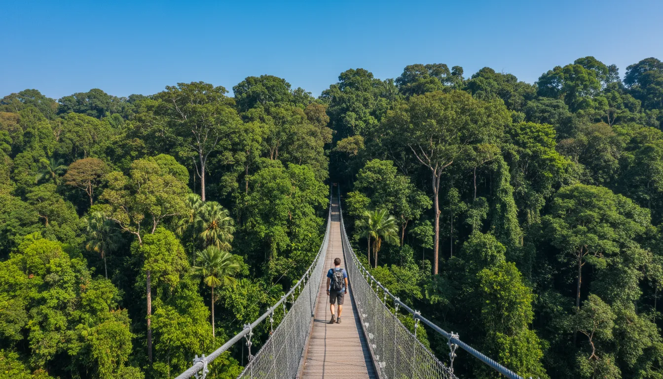 Image: Une personne se tenant sur le pont suspendu du HSBC Treetop Walk au parc du réservoir de MacRitchie, contemplant la canopée d'une forêt tropicale dense et vibrante sous un ciel bleu clair.