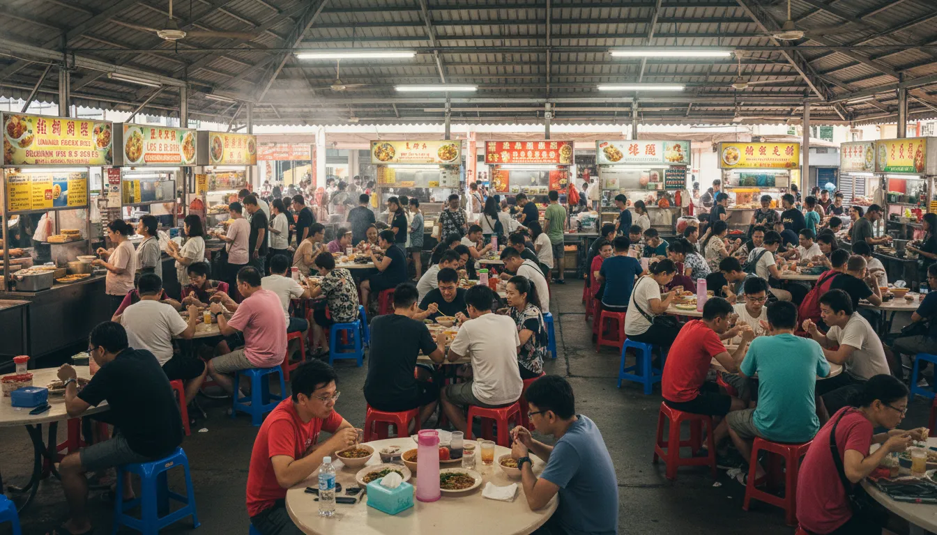 Image: A vibrant, bustling Singaporean hawker center during lunchtime, with numerous tables, some clearly 
